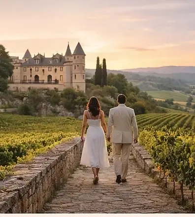 Couple strolling hand-in-hand through lush French vineyards on an exclusive private wine tour in France