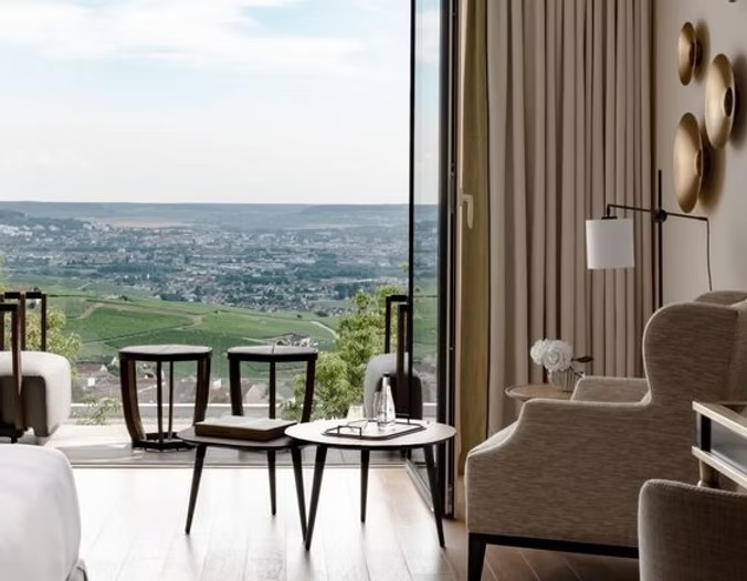 Hotel Royal Champagne terrace overlooking Champagne vineyards, France