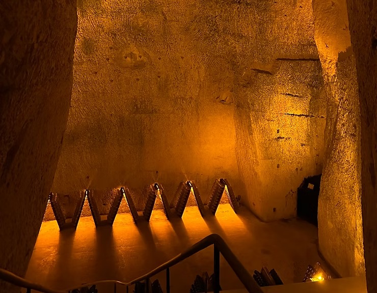 Historic Champagne house cellars during a private wine tasting tour