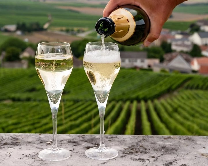 Pouring two glasses of Champagne in a vineyard in Hautvillers