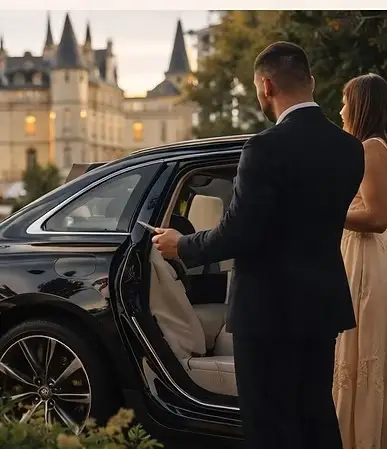 Arriving by luxury private car at a grand French château estate on a bespoke wine tour in France