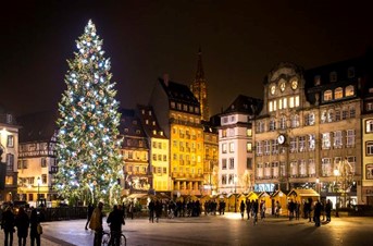 Strasbourg Christmas market with giant illuminated tree at Place Kléber on a luxury Christmas wine tour in Alsace, France