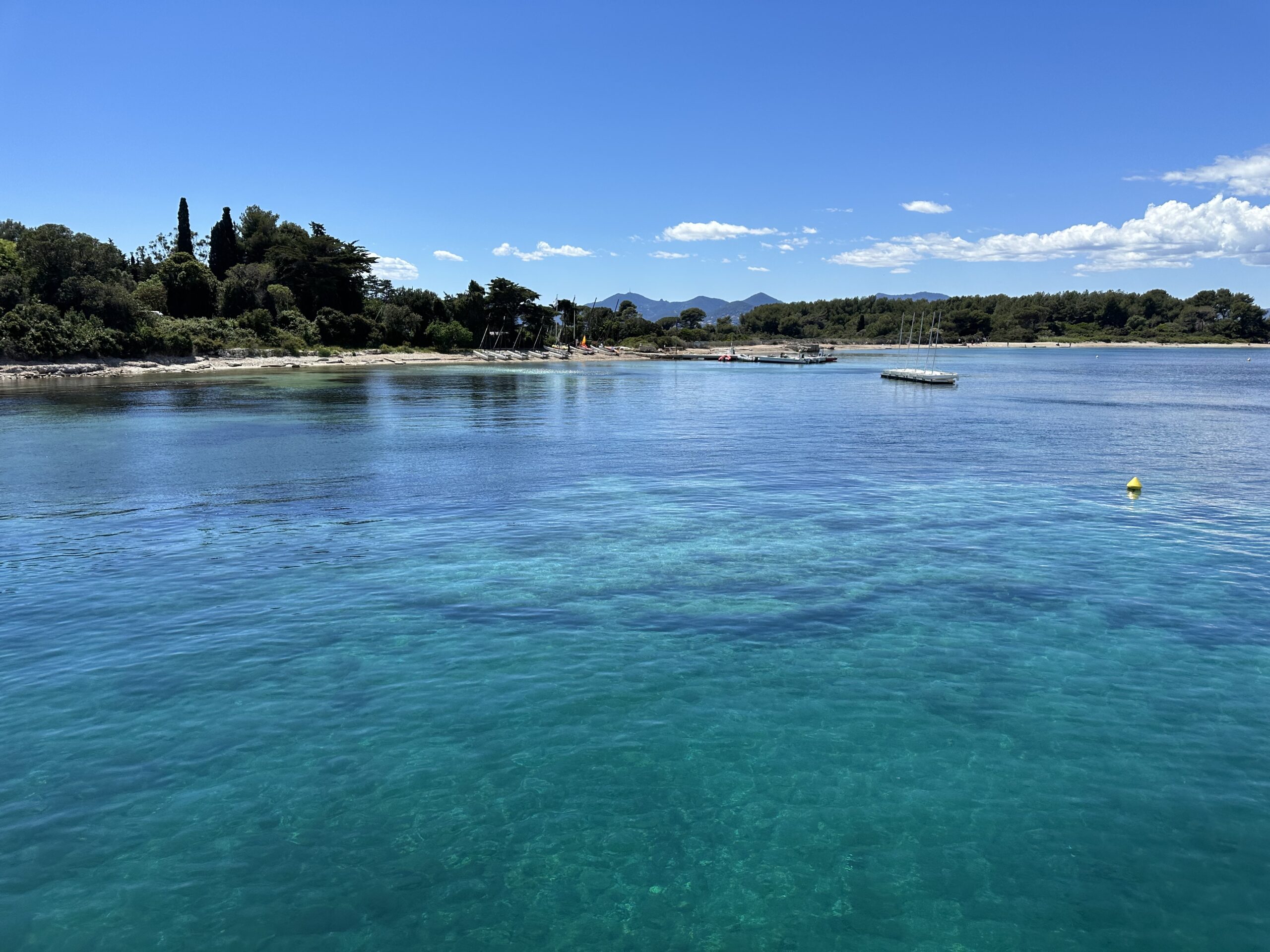 Crystal clear turquoise water and pine forested shoreline of the Îles de Lérins off Cannes on a luxury French Riviera tour, France