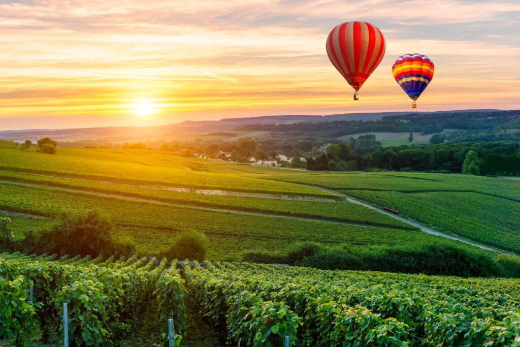 Two hot air balloons floating over Loire Valley vineyards at golden sunset on a luxury wine tour, France