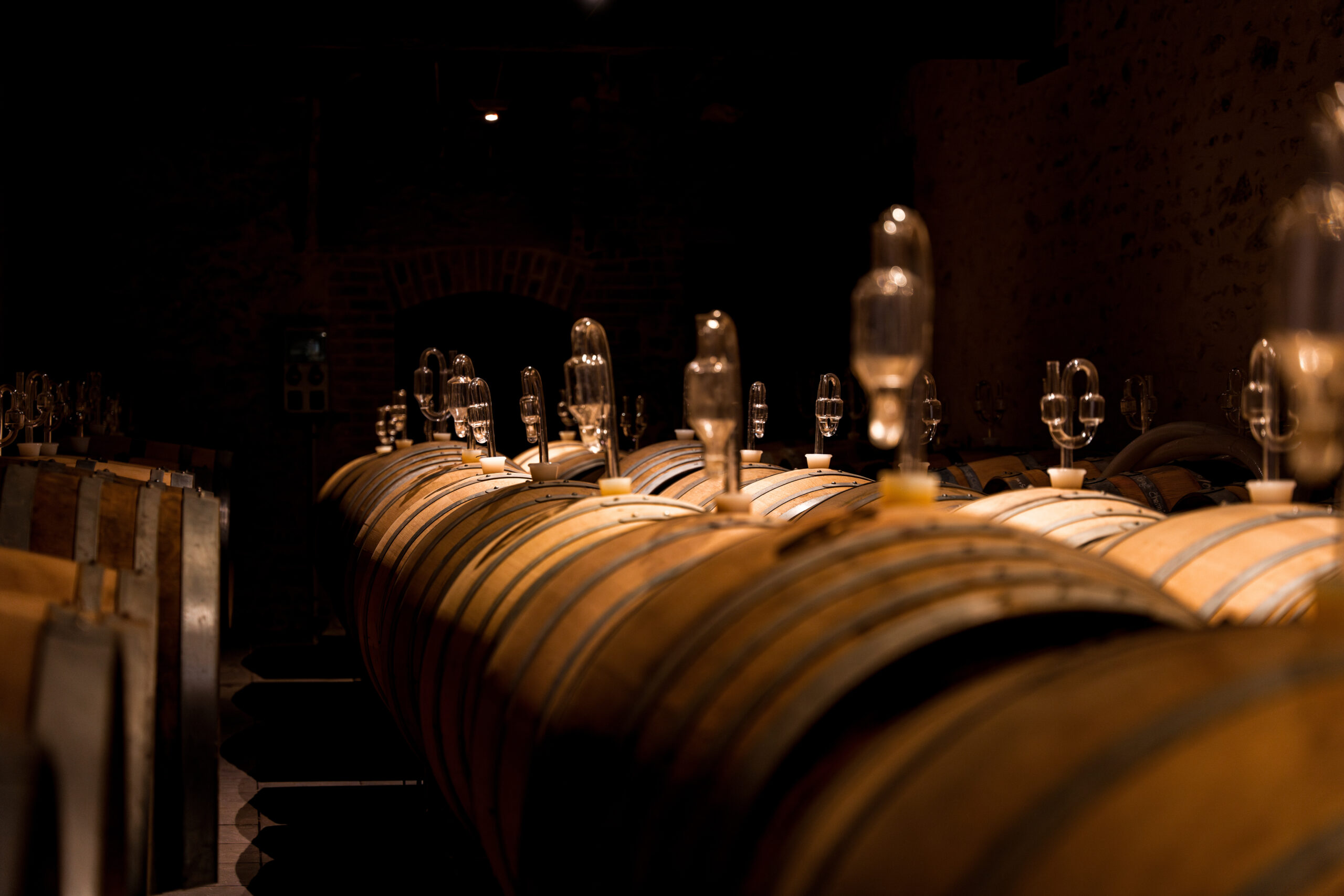 Oak wine barrels with glass airlocks fermenting in a dark Loire Valley wine cellar on a luxury wine tour, France