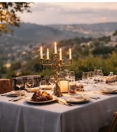 Romantic candlelit terrace dining at a luxury French château on an exclusive private wine tour