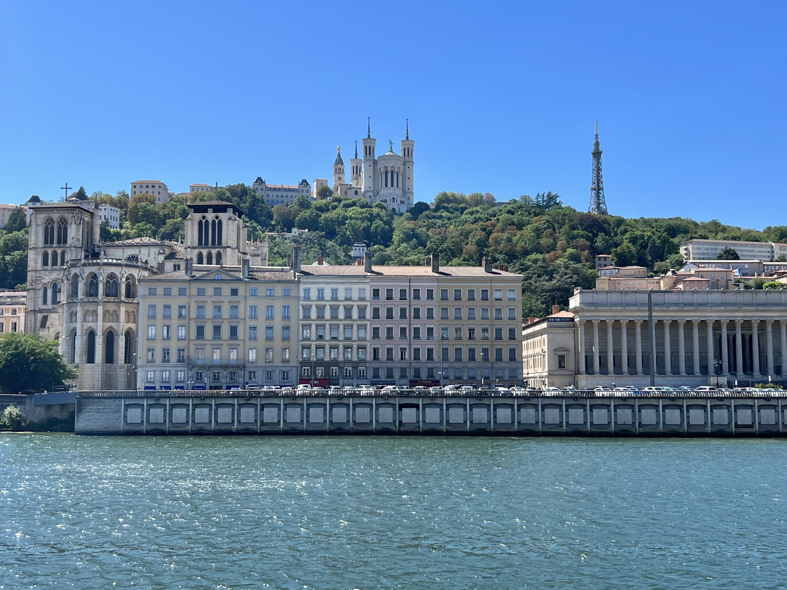 Lyon skyline from the Saône River with Saint-Jean Cathedral and Fourvière Basilica on the hill, Rhône Valley, France