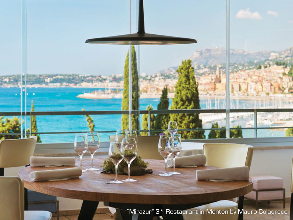 Mirazur 3 Michelin star restaurant dining room with Mediterranean and Menton bay view, luxury French Riviera tour, France
