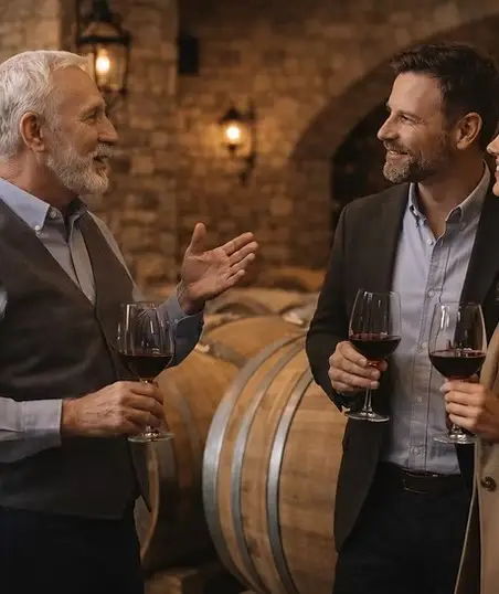 Two guests enjoying a private red wine tasting in a historic stone château cellar with oak barrels, Loire Valley France