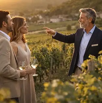 Expert private wine tour guide sharing wine knowledge in a French vineyard with Osprey Boutique Travel