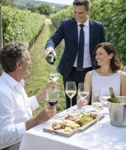 Sommelier pouring wine for guests at an elegant outdoor terrace lunch, wine and gourmet dining in France